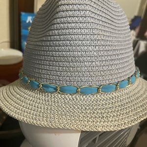 NWOT : Light Blue Straw Hat with Teal Blue Ribbon